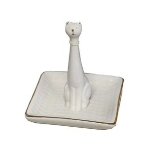 Cat Ring Holder White Porcelain Gold Trim Sagebrook Home 4.25" Tall